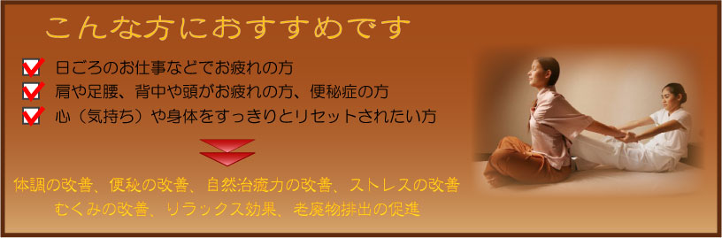 こんな方におすすめです　日ごろのお仕事などでお疲れの方・肩や足腰、背中や頭が疲れの方、便秘症の方・心（気持ち）や身体をすっきりとリセットされたい方　→　体調の改善、便秘、自然治癒力の改善、ストレス改善、むくみの改善、リラックス効果、老廃物の排出の促進